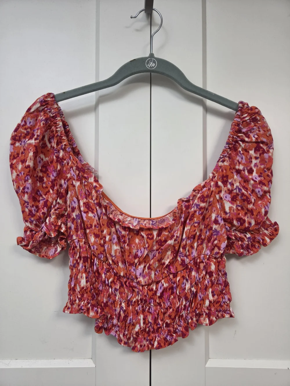 H&M Pink and Orange Floral Midi Skirt Set with Puff Sleeve Crop Top